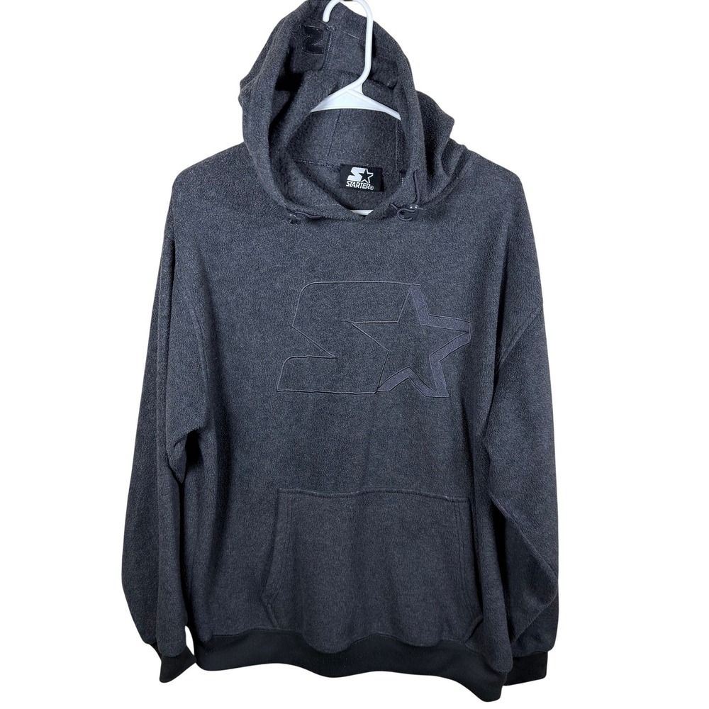 Vtg Starter Fleece Hoodie Mens Large Gray Tonal Logo Pullover Sweatshirt Y2K